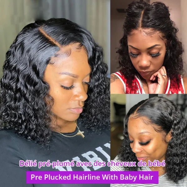 Bob Lace Wig Black Curly For Women Deep Water Curly Wave Human Hair Wigs 100% Remy Natural Hair Short Lace Frontal T Part Wig - Image 4
